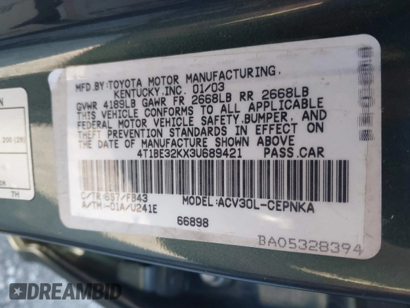 2003 Toyota Camry LE with VIN 4T1BE32KX3U689421, listed as a IAAI auction lot 41566812 with 192,673 mi miles and . Bid and sale history available at DreamBid. Image 9.