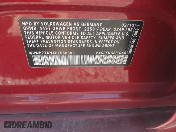 2013 Volkswagen CC Sport with VIN WVWBP7AN4DE558398, listed as a IAAI auction lot 41975725 with 161,982 mi miles. Bid and sale history available at carsss.com. Image 9.
