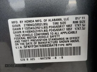 2011 Honda Pilot EX-L with VIN 5FNYF3H7XBB036478, listed as a Copart auction lot 41631415 with 54,213 mi miles and Salvage Title. Bid and sale history available at DreamBid. Image 14.