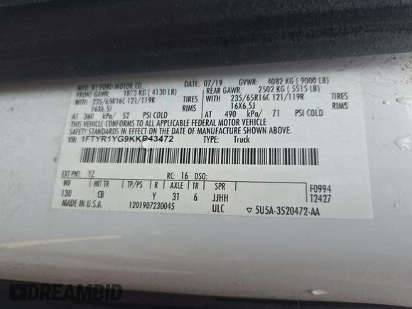 2019 Ford Transit with VIN 1FTYR1YG9KKB43472, listed as a IAAI auction lot 42624630 with 149,813 mi miles and . Bid and sale history available at DreamBid. Image 20.