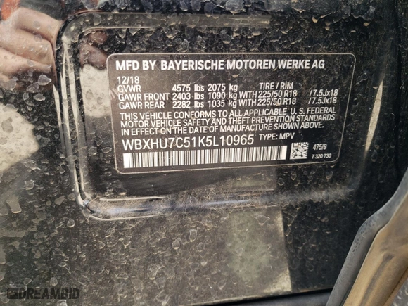 2019 BMW X1 sDrive28i with VIN WBXHU7C51K5L10965, listed as a Copart auction lot 48662875 with 37,456 mi miles and Salvage Title. Bid and sale history available at carsss.com. Image 14.
