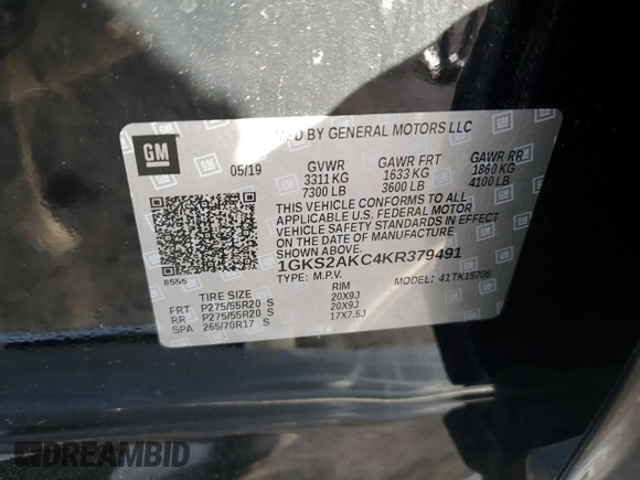 2019 GMC Yukon SLE with VIN 1GKS2AKC4KR379491, listed as a Copart auction lot 74793034 with 46,017 mi miles and Non Repairable. Bid and sale history available at carsss.com. Image 13.