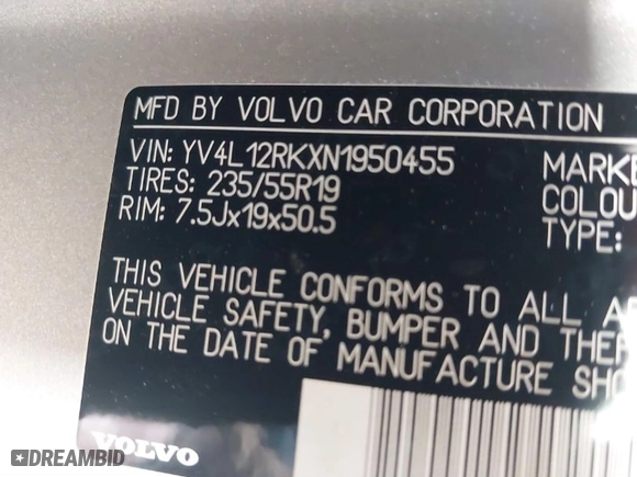 2022 Volvo XC60 Momentum with VIN YV4L12RKXN1950455, listed as a IAAI auction lot 41745195 with 36,651 mi miles. Bid and sale history available at carsss.com. Image 9.