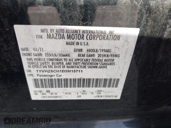 2011 Mazda 6 i Grand Touring with VIN 1YVHZ8CH1B5M15711, listed as a IAAI auction lot 41917320 with 152,128 mi miles and . Bid and sale history available at DreamBid. Image 9.