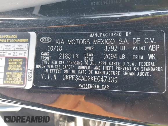 2019 Kia Forte S with VIN 3KPF34AD2KE047339, listed as a IAAI auction lot 42099823 with 63,814 mi miles. Bid and sale history available at carsss.com. Image 9.