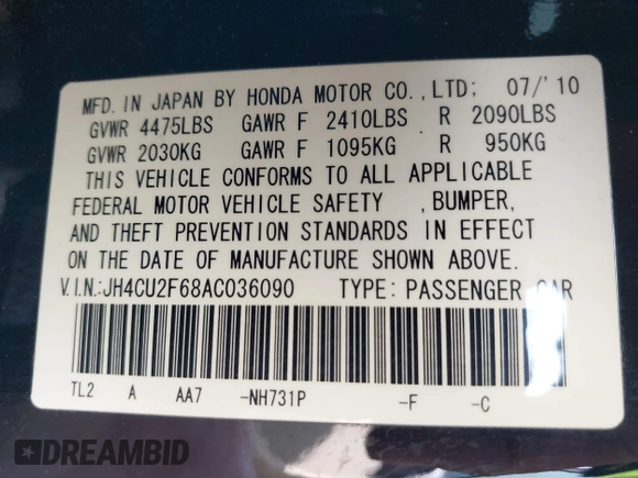 2010 Acura TSX with VIN JH4CU2F68AC036090, listed as a IAAI auction lot 42358511 with 222,440 mi miles and . Bid and sale history available at DreamBid. Image 9.