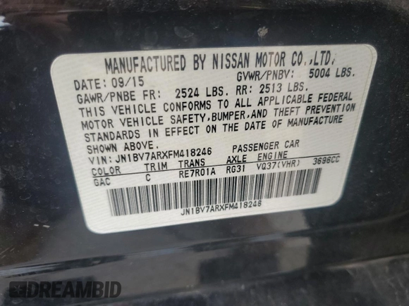 2015 Infiniti Q50 Premium z VIN JN1BV7ARXFM418246, wystawiony jako Copart lot #44890175 z przebiegiem 144 269 mil mil oraz Szkody całkowita. Historia ofert i sprzedaży dostępna na DreamBid. Obrazek 13.
