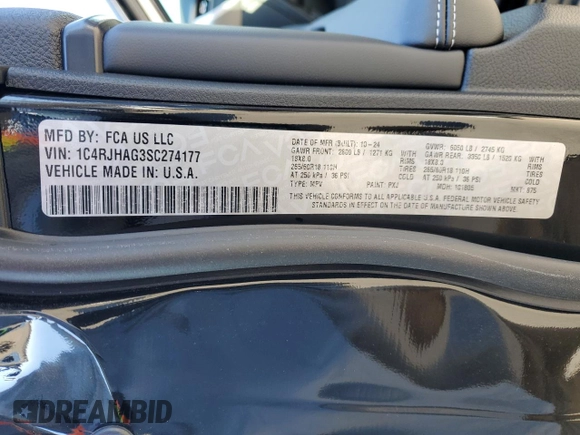 2025 Jeep Grand Cherokee Laredo with VIN 1C4RJHAG3SC274177, listed as a Copart auction lot 84838284 with 36 mi miles and Salvage Title. Bid and sale history available at DreamBid. Image 13.