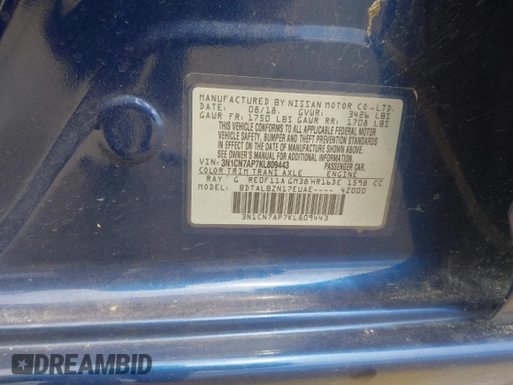 2019 Nissan Versa SV z VIN 3N1CN7AP7KL809443, wystawiony jako IAAI lot #42216308 z przebiegiem 101 860 mil mil oraz . Historia ofert i sprzedaży dostępna na DreamBid. Obrazek 9.