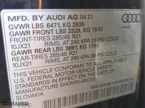 2021 Audi Q8 Premium with VIN WA1AVAF14MD036181, listed as a Copart auction lot 58055543 with 20,312 mi miles. Bid and sale history available at carsss.com. Image 12.