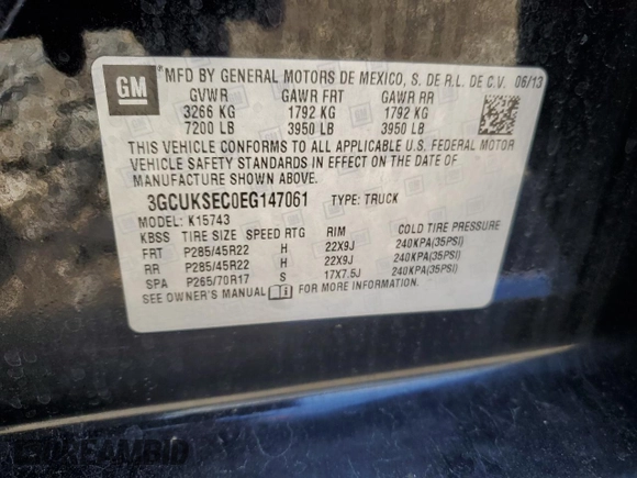 2014 Chevrolet Silverado 1500 LTZ with VIN 3GCUKSEC0EG147061, listed as a Copart auction lot 51645925 with 239,838 mi miles and Salvage Title. Bid and sale history available at DreamBid. Image 12.