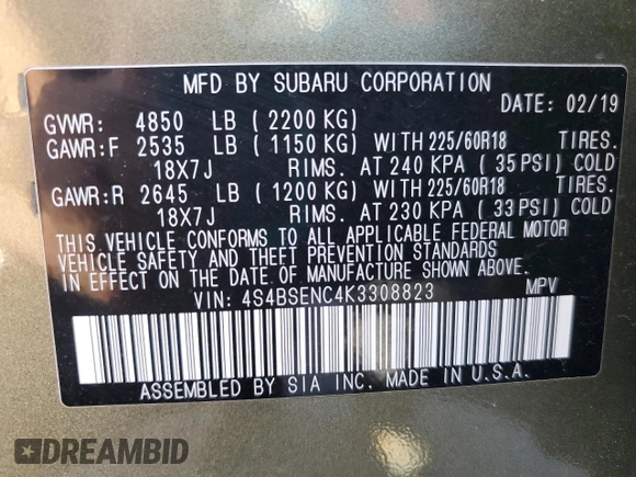 2019 Subaru Outback Limited z VIN 4S4BSENC4K3308823, wystawiony jako Copart lot #63410255 z przebiegiem 46 300 mil mil oraz Szkoda całkowita • Salvage title. Historia ofert i sprzedaży dostępna na DreamBid. Obrazek 14.