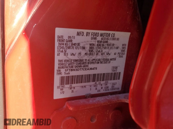 2012 Ford F-350 XL with VIN 1FT8W3DT7CEA36475, listed as a Copart auction lot 73918134 with 72,397 mi miles and Salvage Title. Bid and sale history available at DreamBid. Image 14.