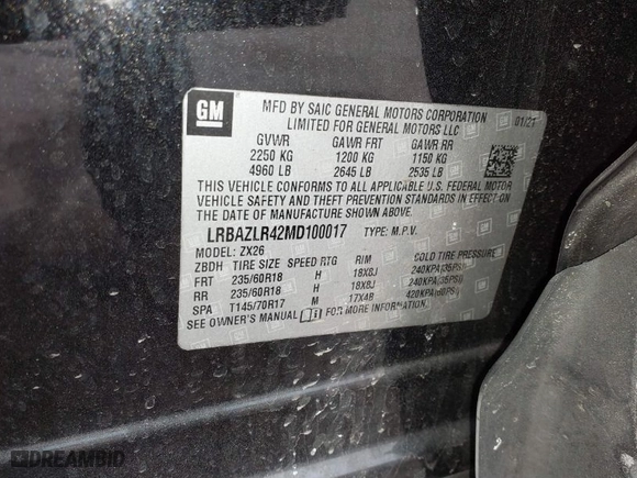 2021 Buick Envision Preferred with VIN LRBAZLR42MD100017, listed as a IAAI auction lot 41652168 with 42,086 mi miles. Bid and sale history available at carsss.com. Image 9.