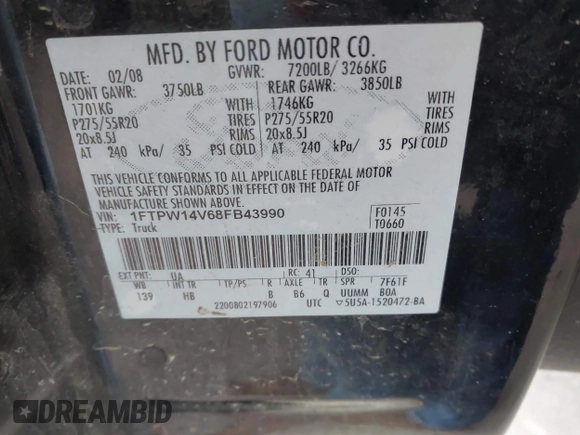 2008 Ford F-150 XLT with VIN 1FTPW14V68FB43990, listed as a IAAI auction lot 41931944 with 117,746 mi miles. Bid and sale history available at carsss.com. Image 9.