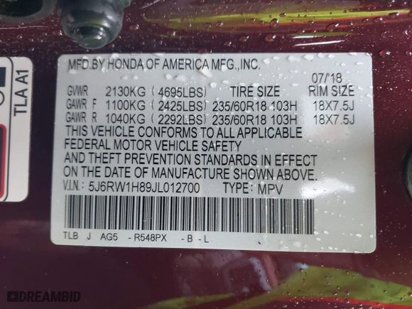 2018 Honda CR-V EX-L with VIN 5J6RW1H89JL012700, listed as a IAAI auction lot 41961763 with 69,575 mi miles. Bid and sale history available at carsss.com. Image 9.