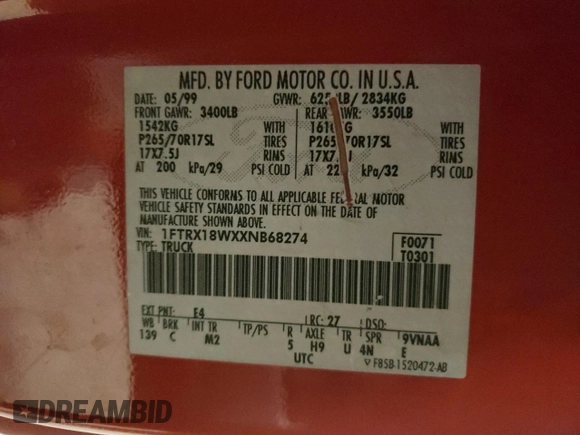 1999 Ford F-150 с VIN 1FTRX18WXXNB68274, выставлен на аукционе Copart как лот 42176915 с пробегом Не указан миль и Списание • Salvage title. История ставок и продаж доступна на DreamBid. Изображение 14.