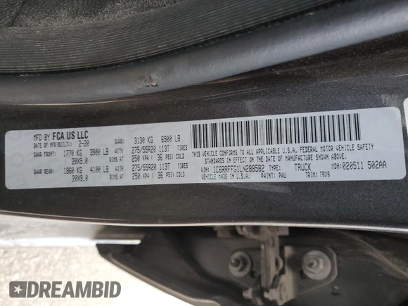 2020 Ram 1500 Big Horn with VIN 1C6RRFFG1LN288582, listed as a Copart auction lot 43732325 with 0 mi miles and Clean Title. Bid and sale history available at carsss.com. Image 12.