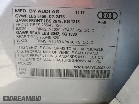 2018 Audi Q5 Premium Plus с VIN WA1BNAFY5J2097127, выставлен на аукционе Copart как лот 56577515 с пробегом Не указан миль и Списание • Salvage title. История ставок и продаж доступна на DreamBid. Изображение 13.