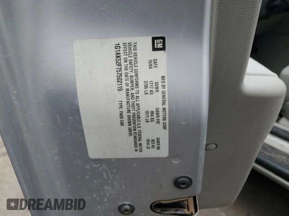 2005 Chevrolet Cobalt with VIN 1G1AK52F757502119, listed as a Copart auction lot 42635665 with Not Provided miles and Salvage Title. Bid and sale history available at DreamBid. Image 12.