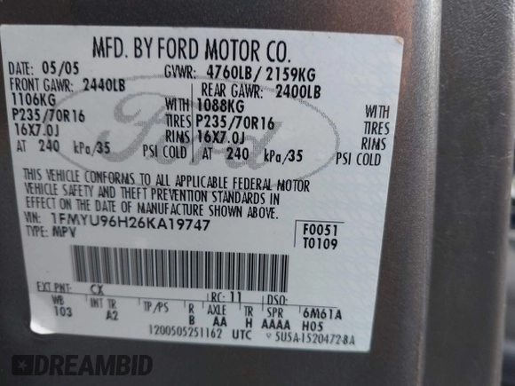 2006 Ford Escape Hybrid with VIN 1FMYU96H26KA19747, listed as a IAAI auction lot 41496607 with 247,629 mi miles and . Bid and sale history available at DreamBid. Image 9.