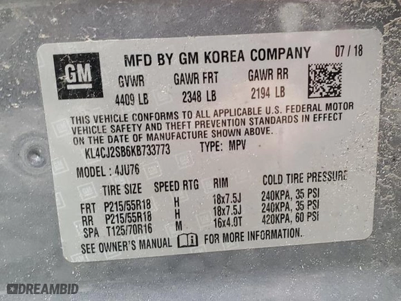 2019 Buick Encore Sport Touring with VIN KL4CJ2SB6KB733773, listed as a Copart auction lot 83891524 with 0 mi miles and Salvage Title. Bid and sale history available at carsss.com. Image 14.