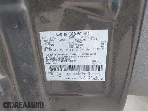 2008 Ford F-150 XLT with VIN 1FTPX14598FB08017, listed as a IAAI auction lot 42611921 with 120,466 mi miles and . Bid and sale history available at DreamBid. Image 9.