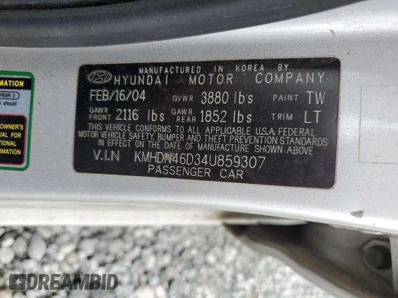 2004 Hyundai Elantra GLS z VIN KMHDN46D34U859307, wystawiony jako Copart lot #53847235 z przebiegiem 91 939 mil mil oraz Szkoda całkowita • Salvage title. Historia ofert i sprzedaży dostępna na DreamBid. Obrazek 12.
