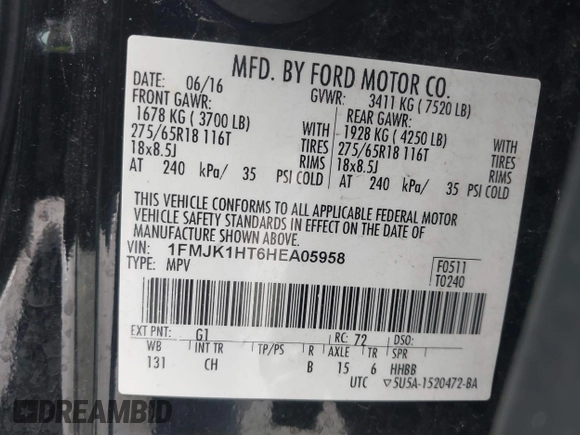 2017 Ford Expedition Max XLT с VIN 1FMJK1HT6HEA05958, выставлен на аукционе IAAI как лот 42170040 с пробегом Не указан миль и . История ставок и продаж доступна на DreamBid. Изображение 9.