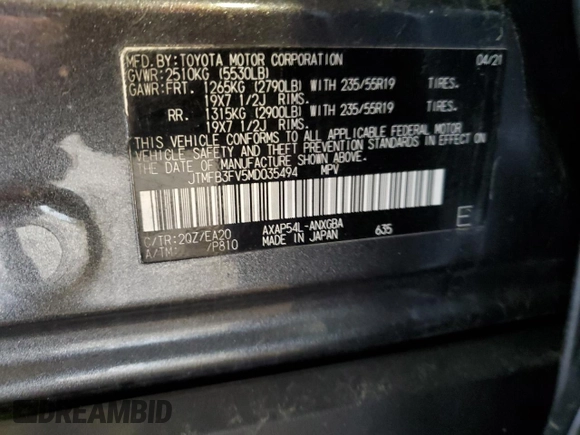 2021 Toyota RAV4 XSE with VIN JTMFB3FV5MD035494, listed as a Copart auction lot 61256085 with 54,940 mi miles and Salvage title. Bid and sale history available at DreamBid. Image 14.