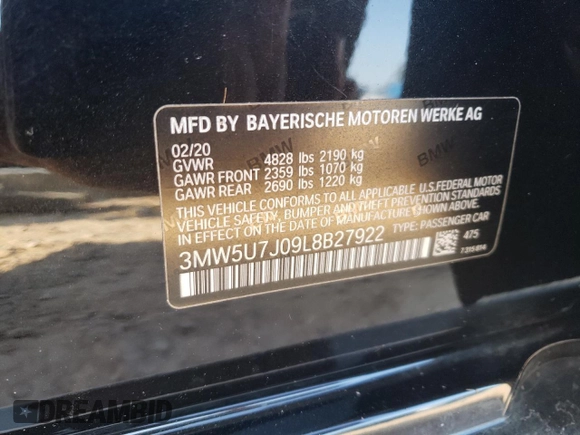 2020 BMW 3 Series M340i with VIN 3MW5U7J09L8B27922, listed as a Copart auction lot 68222584 with 51,220 mi miles and Salvage Title. Bid and sale history available at carsss.com. Image 14.