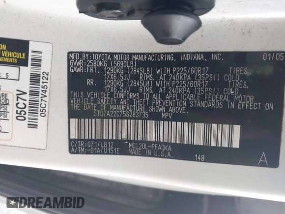 2005 Toyota Sienna XLE with VIN 5TDZA22C75S283735, listed as a IAAI auction lot 41638370 with 281,650 mi miles and . Bid and sale history available at DreamBid. Image 9.