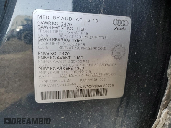2011 Audi Q5 Premium Plus with VIN WA1VFCFP6BA062729, listed as a Copart auction lot 48416225 with 1,923,342 mi miles and Salvage title. Bid and sale history available at DreamBid. Image 12.