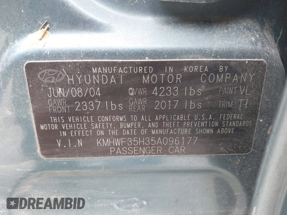 2005 Hyundai Sonata GLS with VIN KMHWF35H35A096177, listed as a IAAI auction lot 41693685 with 206,946 mi miles. Bid and sale history available at carsss.com. Image 9.