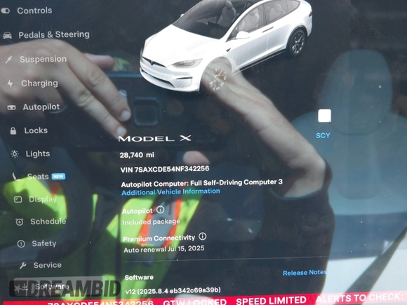 2022 Tesla Model X with VIN 7SAXCDE54NF342256, listed as a IAAI auction lot 41991212 with 28,740 mi miles and . Bid and sale history available at DreamBid. Image 7.