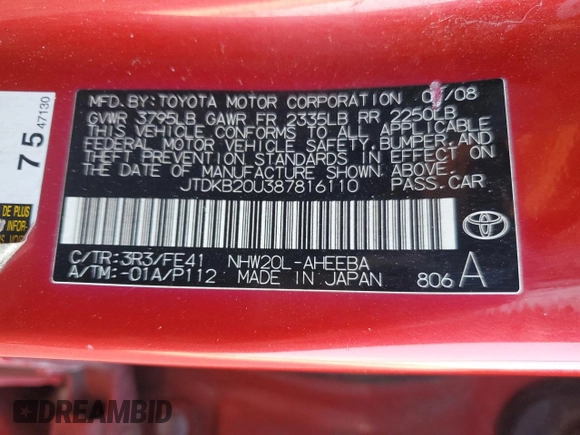 2008 Toyota Prius with VIN JTDKB20U387816110, listed as a Copart auction lot 52065525 with 233,040 mi miles and Salvage Title. Bid and sale history available at DreamBid. Image 12.