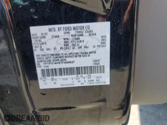 2007 Ford F-150 XLT with VIN 1FTPX14V67FA94527, listed as a Copart auction lot 54608495 with 220,824 mi miles and Salvage Title. Bid and sale history available at carsss.com. Image 12.