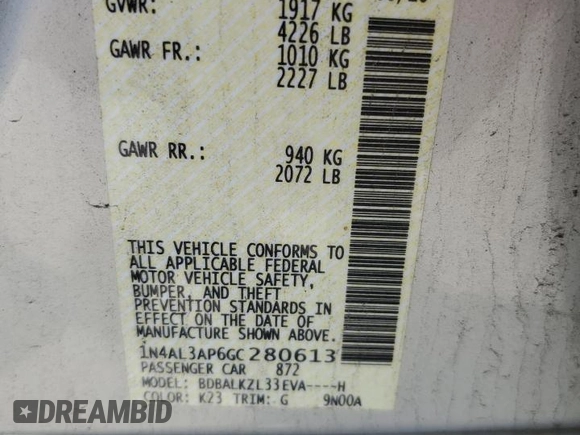 2016 Nissan Altima S z VIN 1N4AL3AP6GC280613, wystawiony jako Copart lot #59210975 z przebiegiem 88 605 mil mil oraz Szkoda całkowita • Salvage title. Historia ofert i sprzedaży dostępna na DreamBid. Obrazek 12.