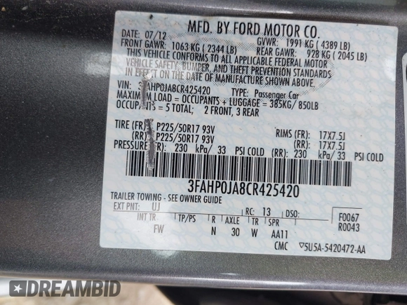 2012 Ford Fusion SEL with VIN 3FAHP0JA8CR425420, listed as a IAAI auction lot 41952627 with 115,421 mi miles. Bid and sale history available at carsss.com. Image 9.