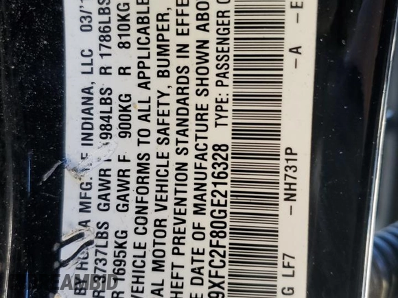2016 Honda Civic Sedan EX with VIN 19XFC2F80GE216328, listed as a Copart auction lot 44415155 with 132,114 mi miles and Salvage Title. Bid and sale history available at carsss.com. Image 14.