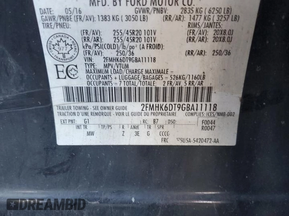 2016 Ford Flex Limited w/EcoBoost with VIN 2FMHK6DT9GBA11118, listed as a Copart auction lot 78021694 with 114,854 mi miles and Salvage Title. Bid and sale history available at carsss.com. Image 13.