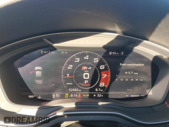 2018 Audi S4 Prestige with VIN WAUC4AF4XJA001442, listed as a Copart auction lot 44804865 with 52,682 mi miles and Salvage Title. Bid and sale history available at carsss.com. Image 9.