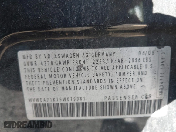 2009 Volkswagen Rabbit S with VIN WVWDA71K79W079961, listed as a IAAI auction lot 42594125 with 160,601 mi miles and . Bid and sale history available at DreamBid. Image 9.