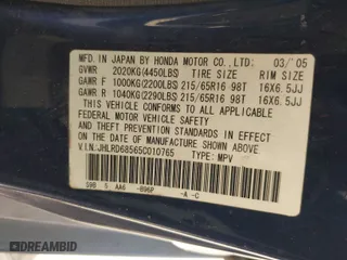 2005 Honda CR-V LX with VIN JHLRD68565C010765, listed as a IAAI auction lot 41843854 with 248,201 mi miles. Bid and sale history available at carsss.com. Image 9.