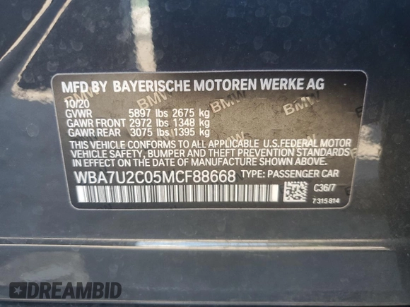 2021 BMW 7 Series 750i xDrive with VIN WBA7U2C05MCF88668, listed as a Copart auction lot 73256303 with 0 mi miles. Bid and sale history available at carsss.com. Image 13.