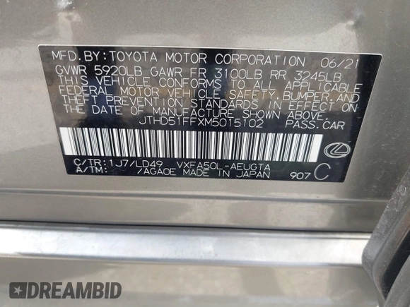 2021 Lexus LS 500 with VIN JTHD51FFXM5015102, listed as a IAAI auction lot 42504243 with 46,782 mi miles and . Bid and sale history available at DreamBid. Image 9.