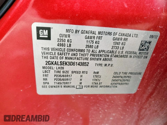 2013 GMC Terrain SLE with VIN 2GKALSEK3D6143852, listed as a Copart auction lot 61067845 with 183,048 mi miles and Salvage title. Bid and sale history available at DreamBid. Image 12.