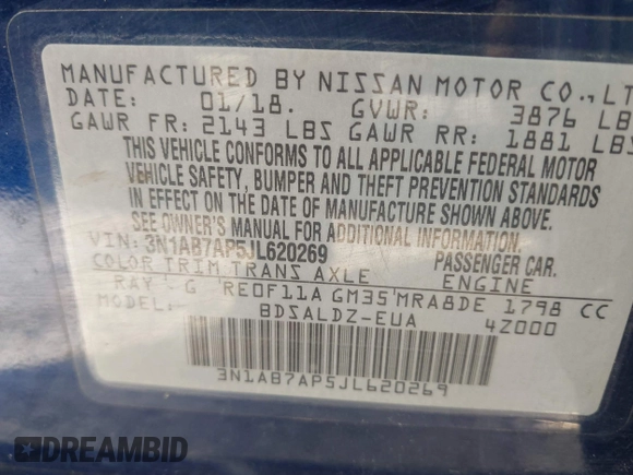 2018 Nissan Sentra SV z VIN 3N1AB7AP5JL620269, wystawiony jako IAAI lot #42303456 z przebiegiem 129 929 mil mil oraz . Historia ofert i sprzedaży dostępna na DreamBid. Obrazek 9.