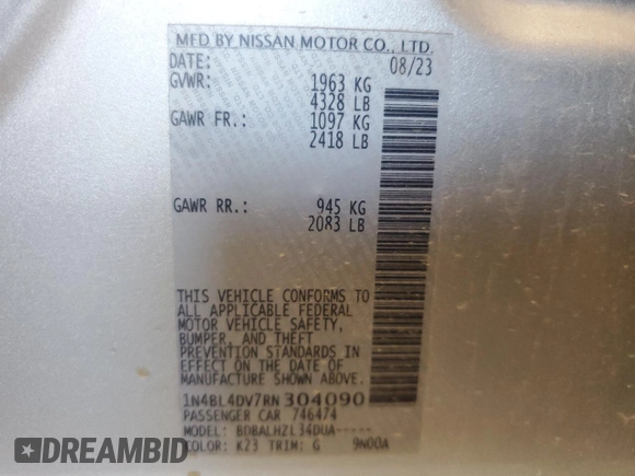2024 Nissan Altima SV with VIN 1N4BL4DV7RN304090, listed as a Copart auction lot 65217425 with 50,517 mi miles and Clean title. Bid and sale history available at DreamBid. Image 13.