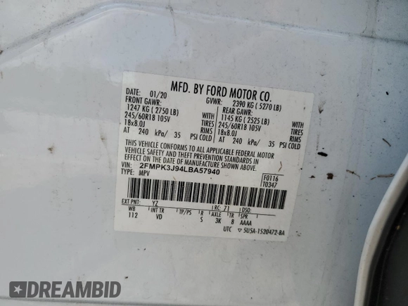 2020 Ford Edge SEL z VIN 2FMPK3J94LBA57940, wystawiony jako Copart lot #54901165 z przebiegiem 117 096 mil mil oraz Szkoda całkowita • Salvage title. Historia ofert i sprzedaży dostępna na DreamBid. Obrazek 12.